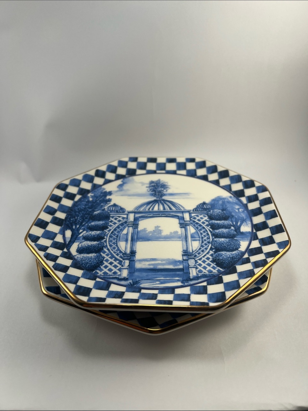 Blue and White Octagonal Decorative Plate set with Gold Rim